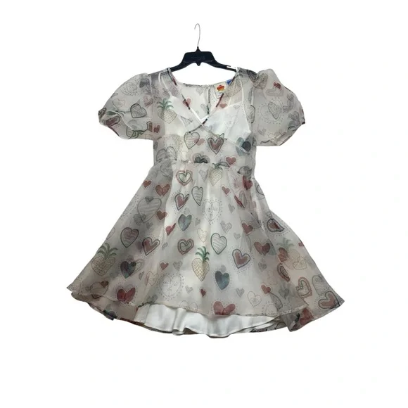 Farm Rio size medium dress semi sheer hearts puff sleeve pineapple mini party - Picture 2 of 12